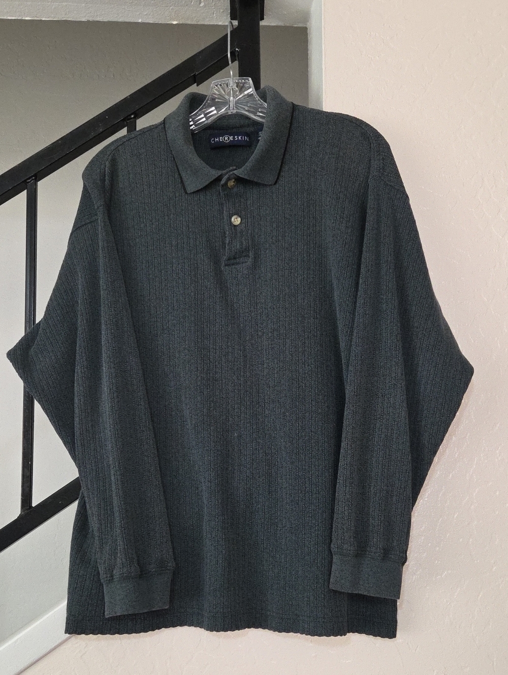 Men's Dark Green Long-Sleeve Textured Polo Size L